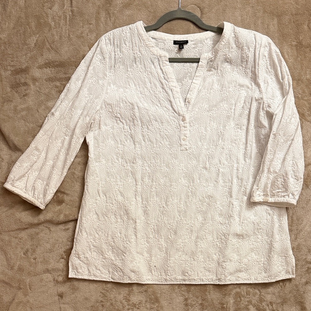 Talbots White Embroidered V-Neck Henley Tunic